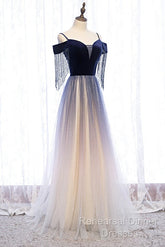 Beautiful Blue Gradient Tulle Long Party Dresses,A-Line Off Shoulder Formal Dresses